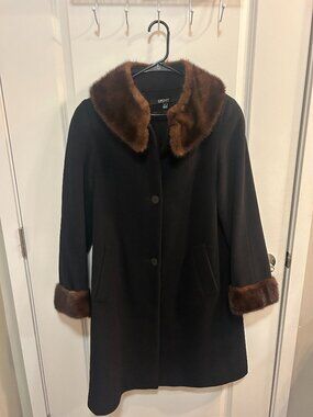 DKNY Black 100% Wool Coat Real Mink Fur Collar Cuffs Size 6 Luxury Vintage